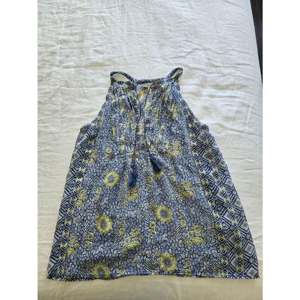 Joie Blue and Yellow Floral Silk Halter Tank with Tassel Tie